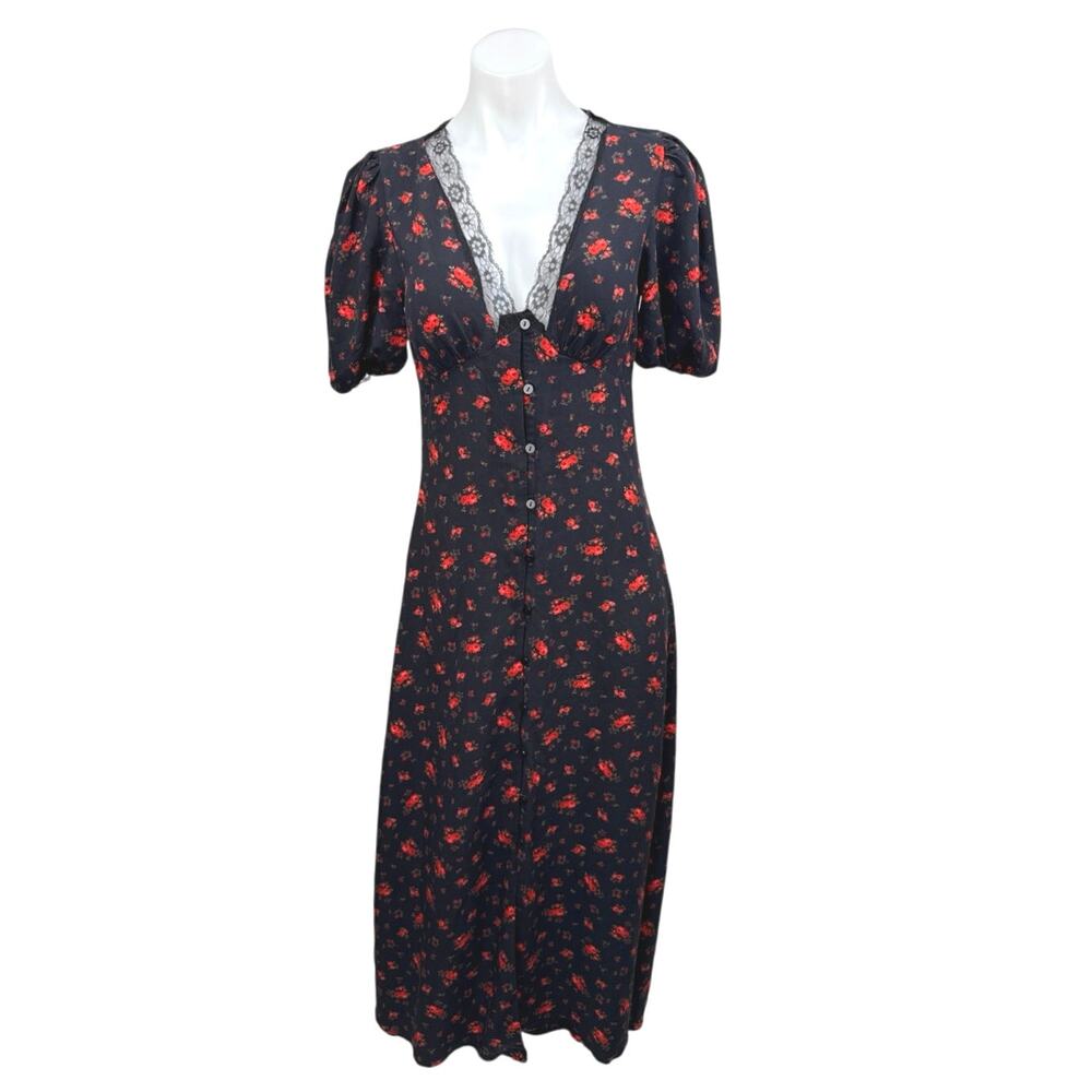 Miss Selfridge Black Floral Lace V-Neck Short Puff Sleeve Midi Shirt Dress Sz 4